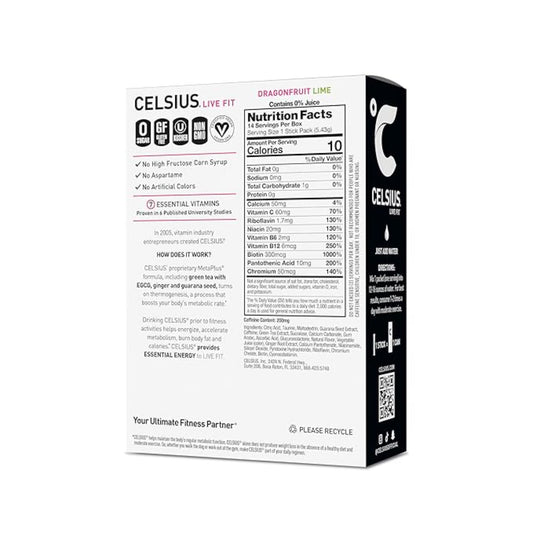 CELSIUS® On-the-Go Powder Sticks Dragonfruit Lime, Essential Energy 2.8 Oz (14 Sticks per Pack)