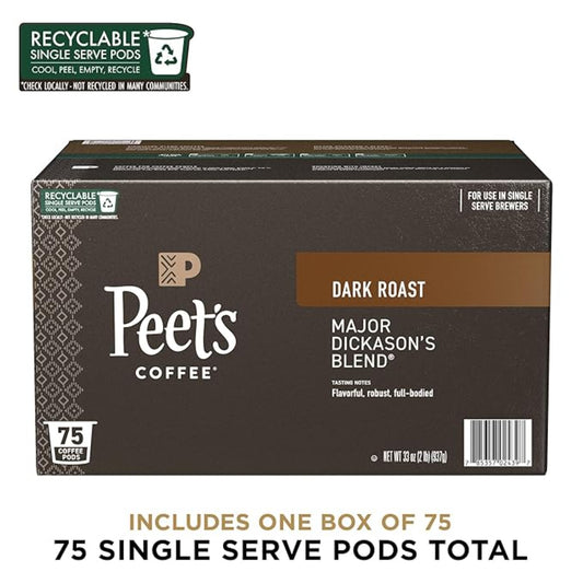 Peet's Coffee, Dark Roast Single Serve Coffee Pods - Major Dickason's Blend 75 Count (1 Box of 75 Pods)