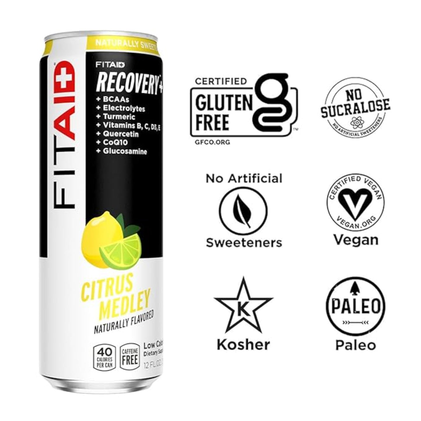 FITAID Recovery Blend, BCAAs, Vitamin B6, B12, Glucosamine, Electrolytes, 100% Clean, Paleo, B-Complex, Citrus Medley, No Sucralose, 12-oz. cans (Pack of 12)
