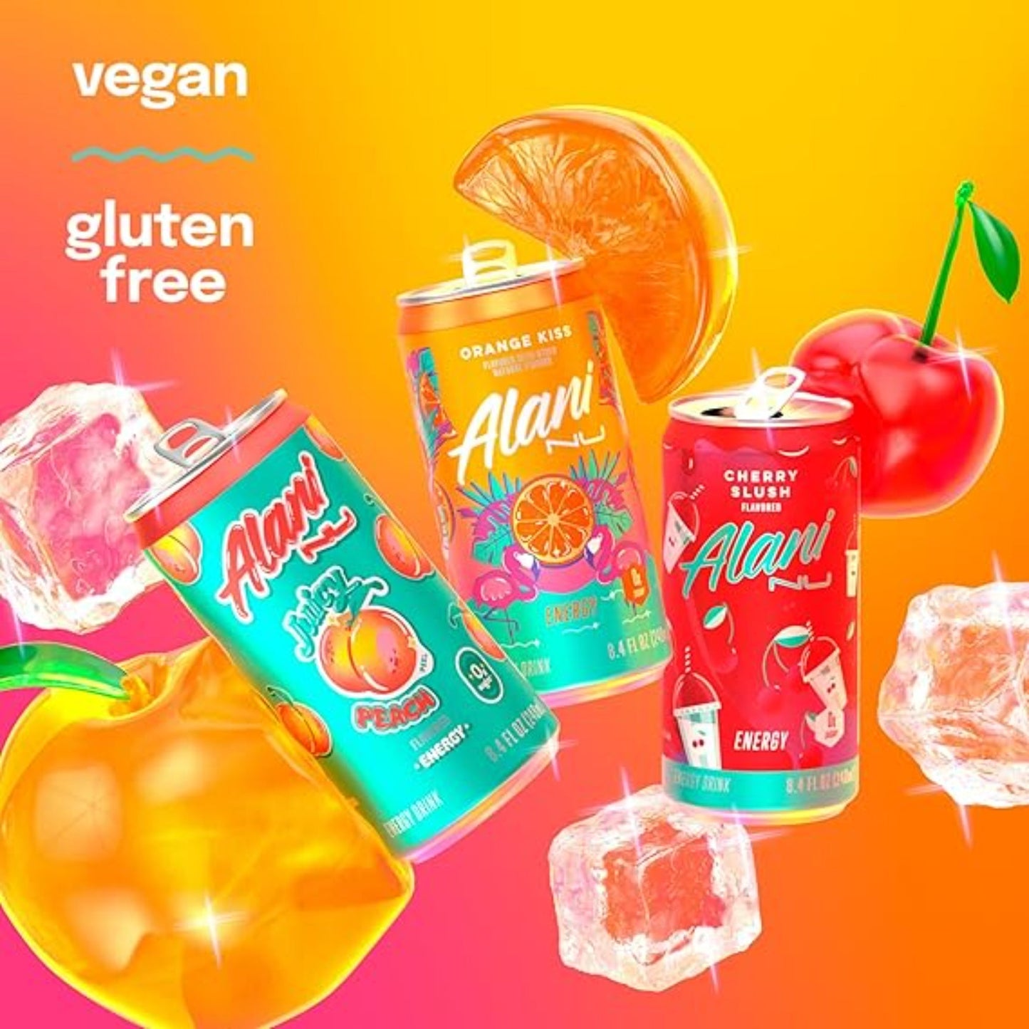 Alani Nu VARIETY PACK (CHERRY SLUSH, JUICY PEACH, ORANGE KISS), Low Calorie Energy Drinks, 100mg Caffeine, Biotin, B Vitamins, Zero Sugar, 10 Calories or Less, 8 Fl Oz Cans, 12 Pack
