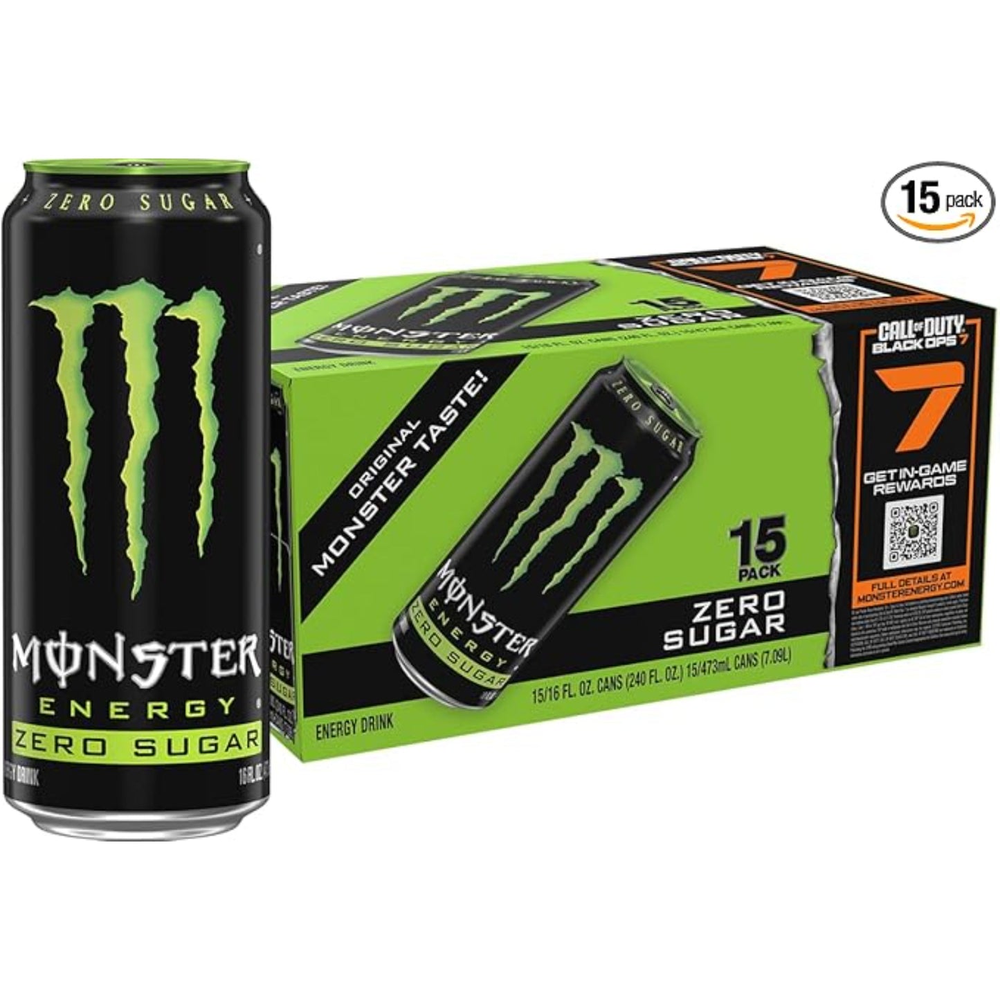 Monster Energy Zero Sugar, Green, Original, Low Calorie Energy Drink, 16 ounce (Pack of 15)