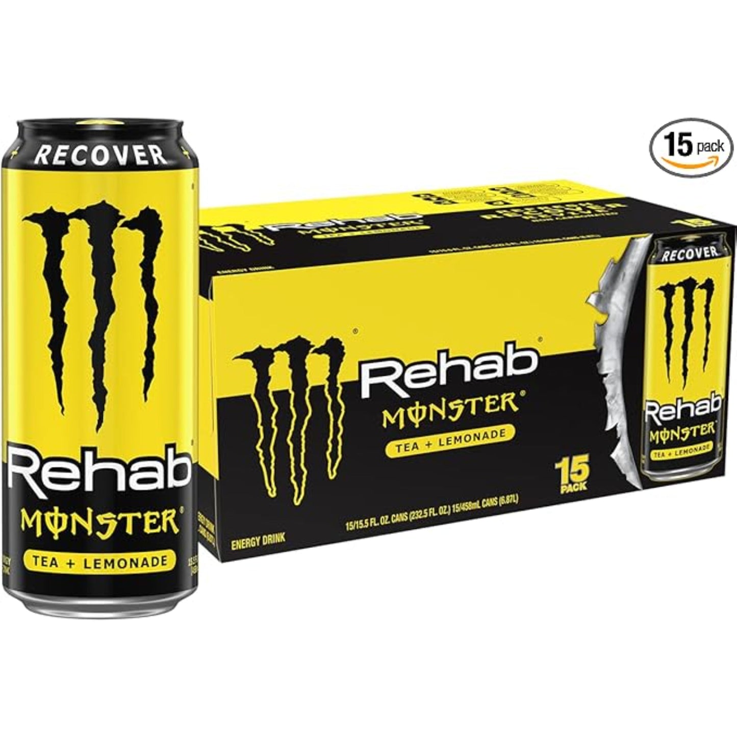 Monster Energy Rehab Tea + Lemonade + Energy, Energy Iced Tea, Energy Drink 15.5 Ounce (Pack of 15)