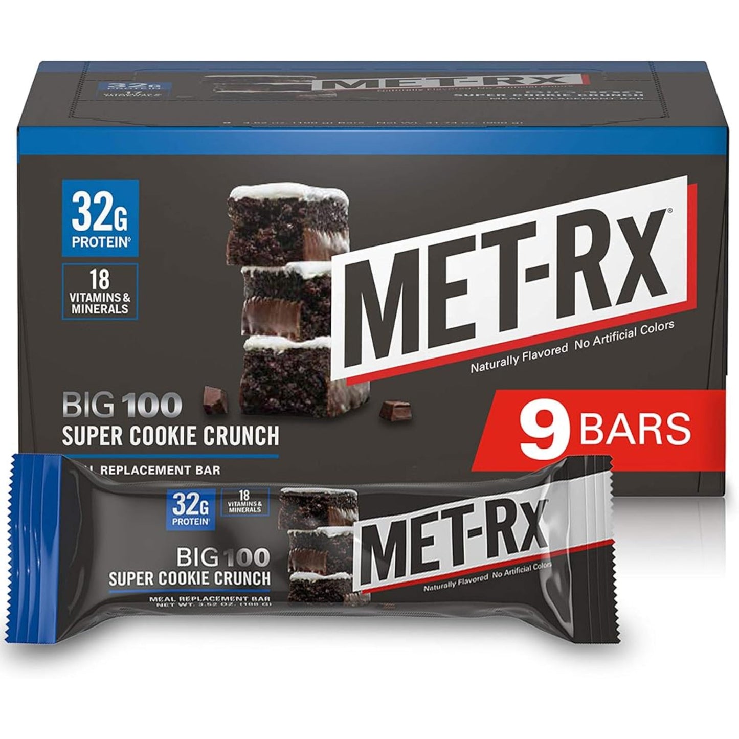MET-Rx Big 100 Protein Bar, Meal Replacement Bar, 32G Protein, Super Cookie Crunch, 9 Bars (Pack of 1)