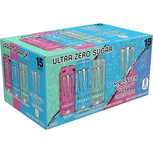 Monster Energy Ultra Variety Pack, Blue Hawaiian, Ultra Vice Guava, Ultra Fantasy Ruby Red, Sugar Free Energy Drink, 16 Ounce (Pack of 15)