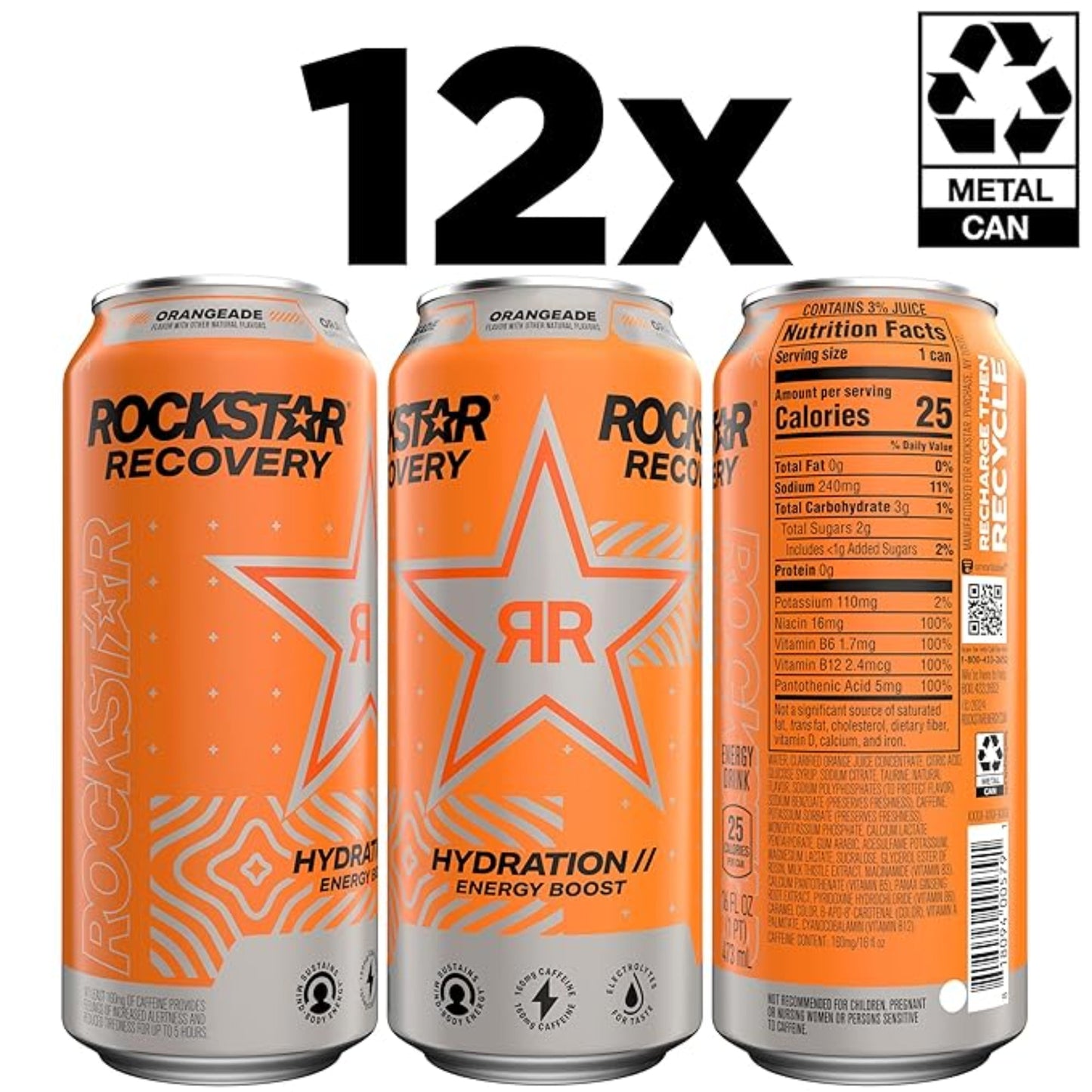 Rockstar Energy Drink with Caffeine Taurine and Electrolytes, Recovery Orange, 16 Fl Oz (Pack of 12)