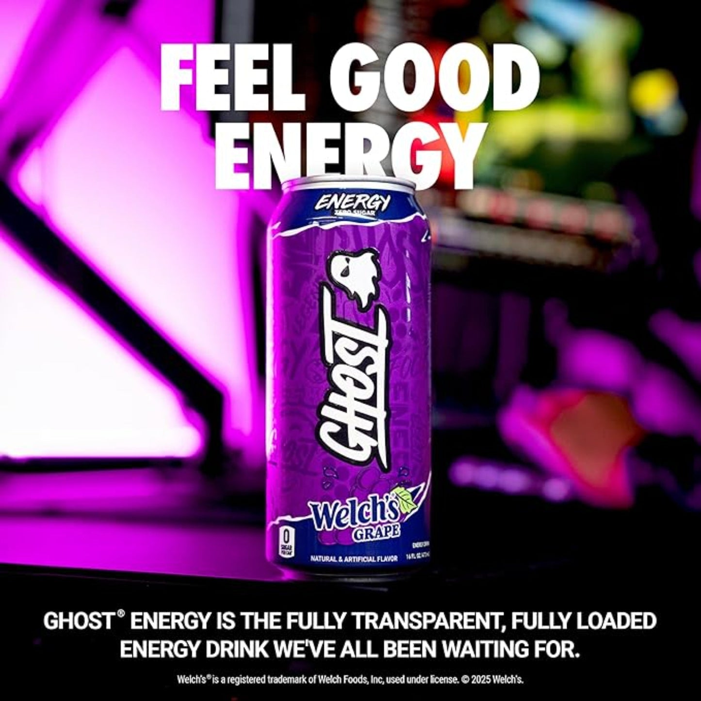 GHOST Energy Drink - 12-Pack, Welch's Grape, 16oz Cans - Energy & Focus & No Artificial Colors - 200mg of Natural Caffeine, L-Carnitine & Taurine - Gluten-Free & Vegan
