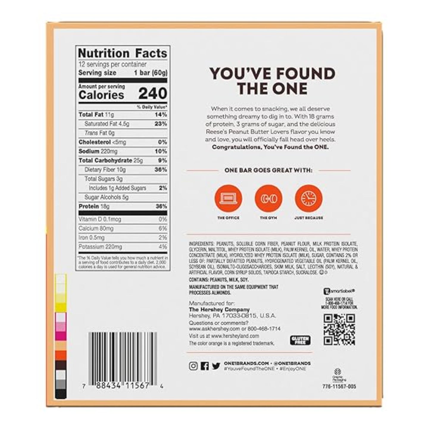 ONE Protein Bars, Reese's Peanut Butter Lovers, Gluten Free with 18g Protein and 3g Sugar, Pantry Staples, 2.12 oz (12 Count)