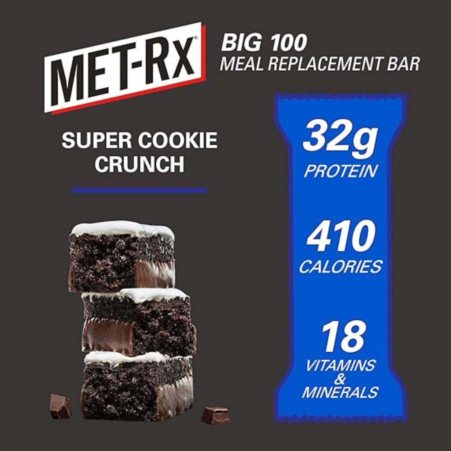 MET-Rx Big 100 Protein Bar, Meal Replacement Bar, 32G Protein, Super Cookie Crunch, 9 Bars (Pack of 1)