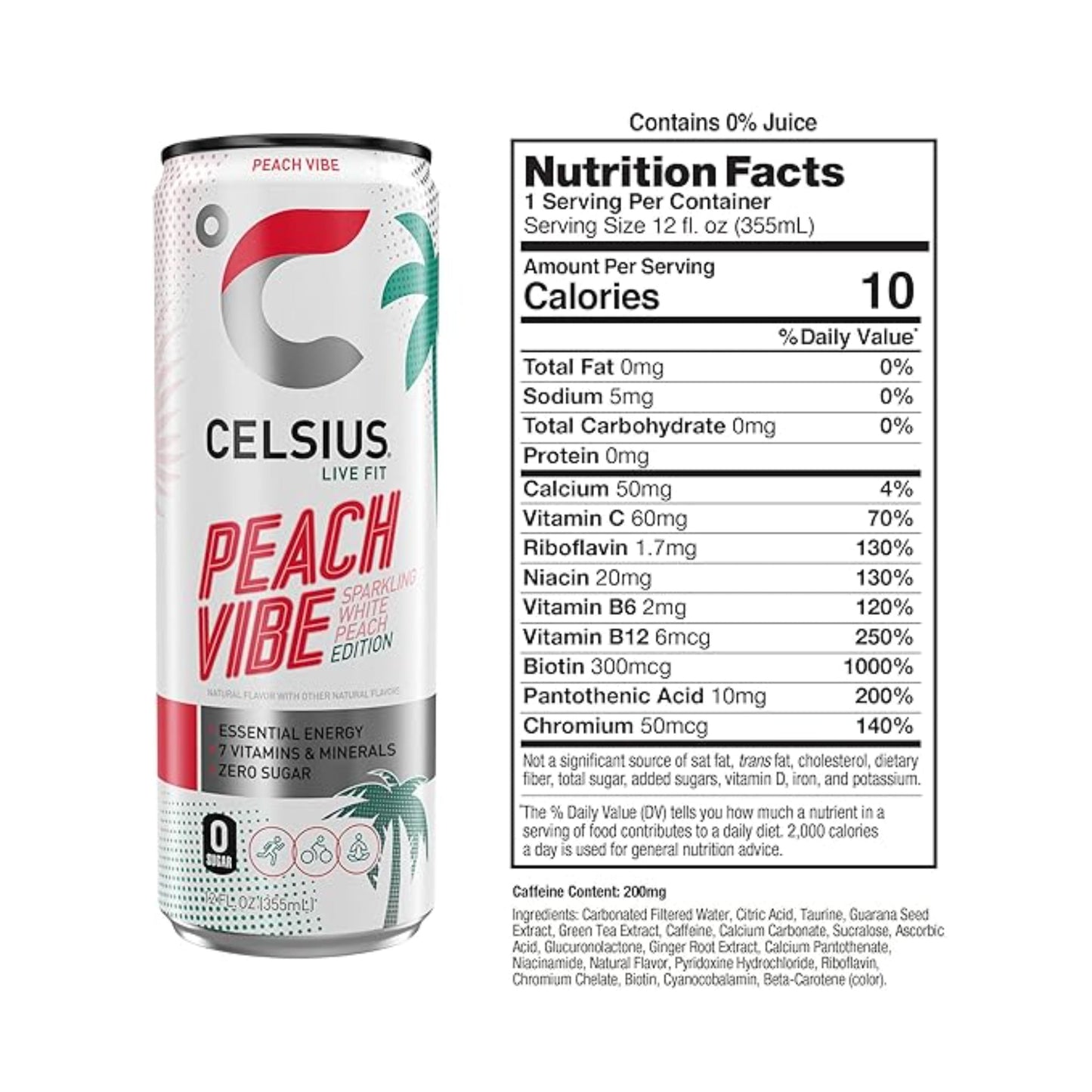 CELSIUS Sparkling Peach Vibe, Functional Essential Energy Drink 12 Fl Oz (Pack of 12)