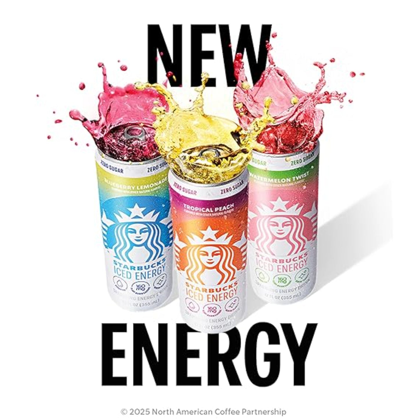 Starbucks Iced Energy Drink, 3 Flavor Variety Pack (Tropical Peach, Watermelon Splash, Blueberry Lemonade), Zero Sugar Energy Drink, Plant Based Caffeine, Hydration, Mental Clarity, 12 Fl Oz Cans (Pack of 12)